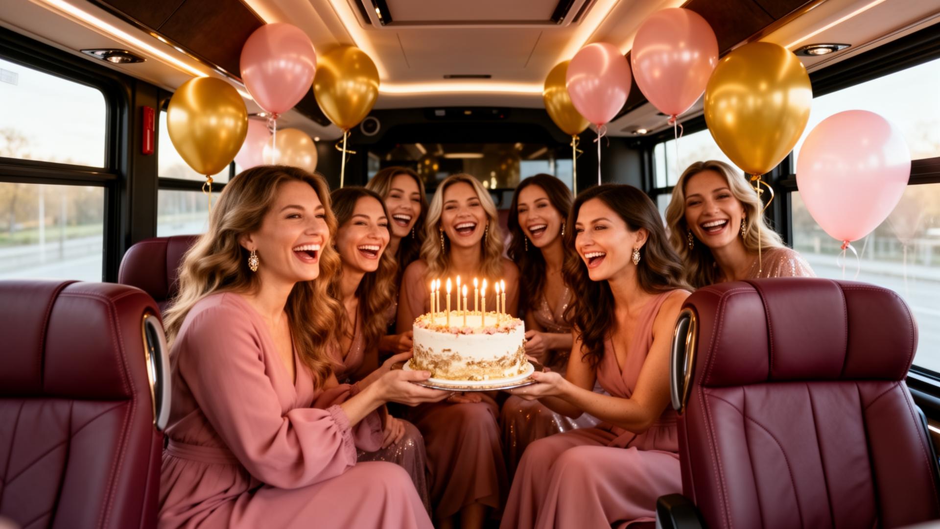 Groupe joyeux fêtant un anniversaire dans un autocar de luxe avec gâteau et ballons